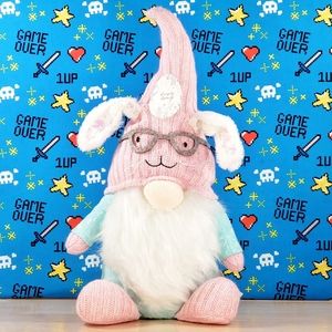 Spring Gnome Plush Wearing Pink Hat w/ Reading Glasses & White Sequin Bunny Ears